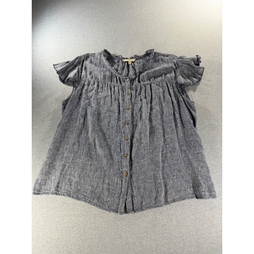 Hester & Orchard Blue Linen Blend Ruffle Neck Flutter Sleeve Blouse XL